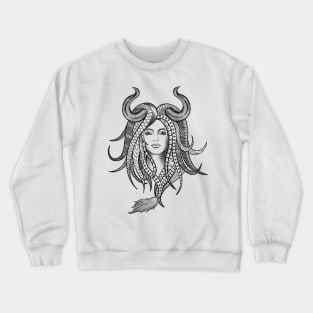 Confident Taurus Woman with Horns and Geometrical Tattoo Design Crewneck Sweatshirt